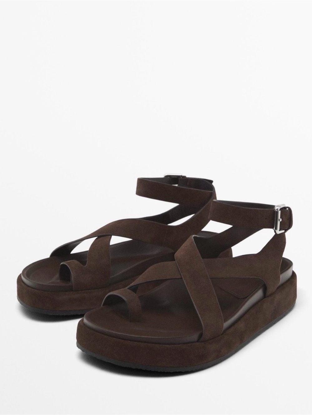 Massimo Dutti Dark Brown Suede Crisscross Platform Sandals